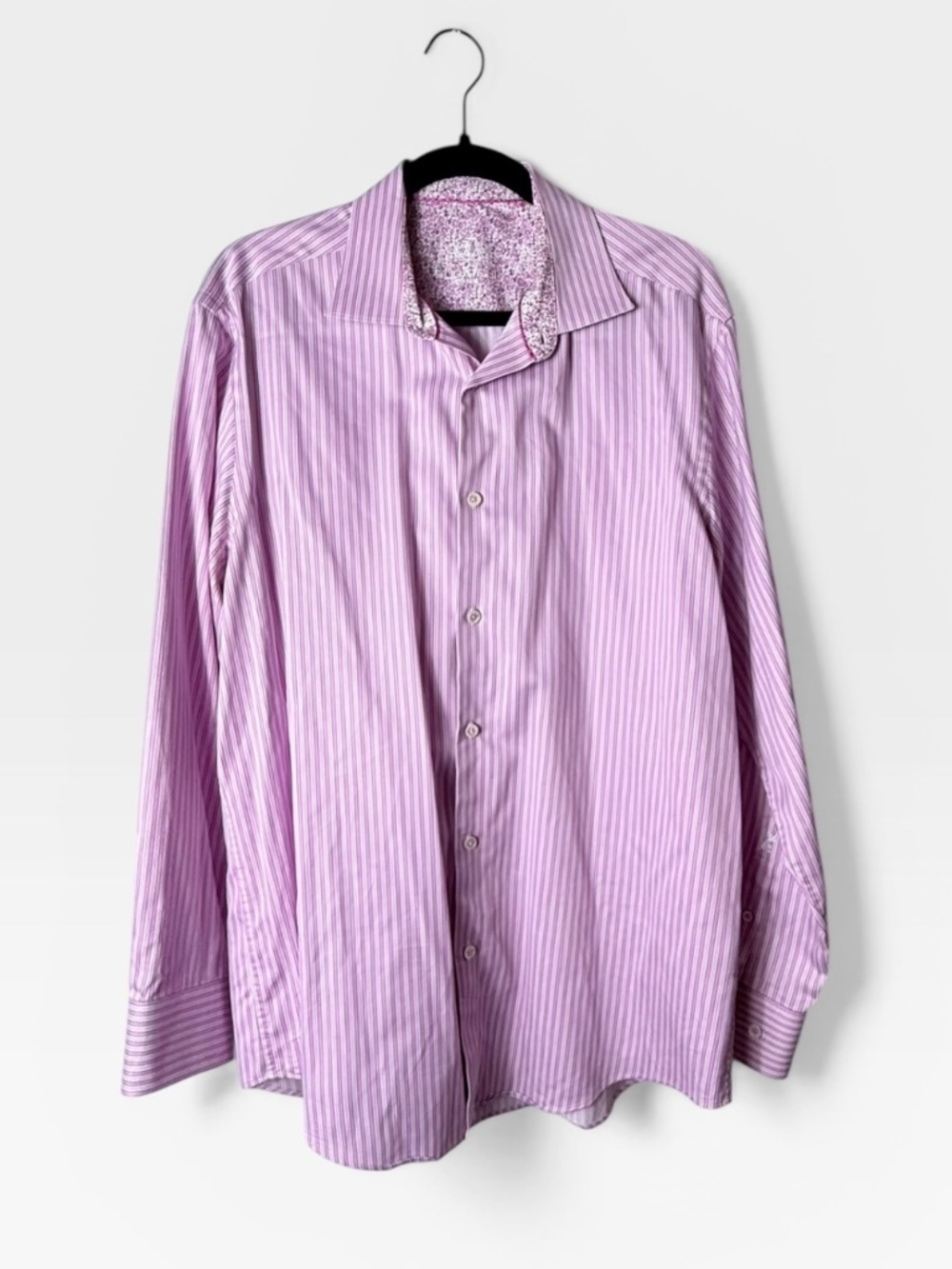 Bugatchi Men's Pink Floral Striped Button Up Long Sleeve Shirt Size 17 34/35 (0)